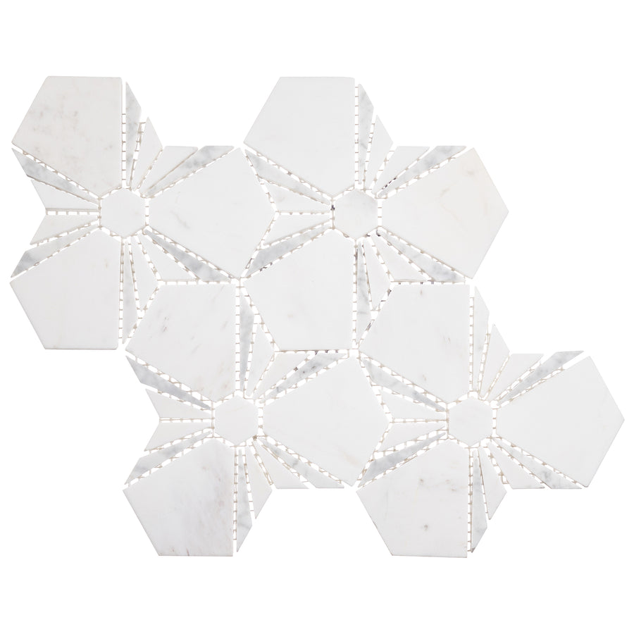 The Nectura Hexagon Stone Mosaic Ceramic Tile in Tunia features white marble-look hexagons with small dot accents, creating a geometric floral pattern for a modern and visually intricate kitchen design.