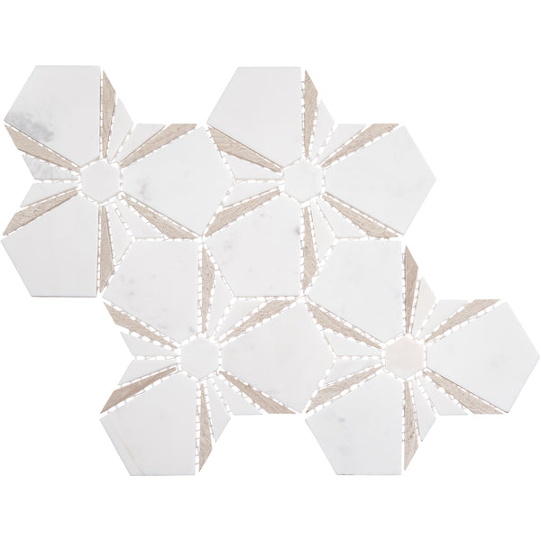 Nectura Hexagon Stone Mosaic Ceramic Tile in Votage features white tiles with beige accents, creating a geometric, flower-inspired pattern—ideal as a kitchen centerpiece.