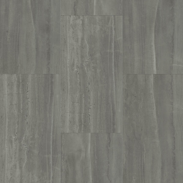 Coretec Plus Tile Luxury Vinyl Tile features waterproof, stone-look tiles with a marbled texture and subtle vertical streaks in smooth, mixed gray tones, arranged in a staggered layout for a modern appearance.