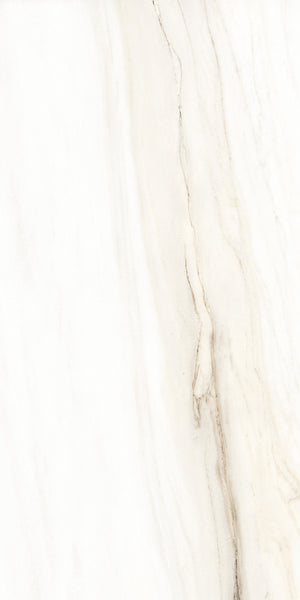The Donatello 24x48 Porcelain Tile features a white marble surface with light grey and beige veining, offering an elegant, Italian-inspired look perfect for large format applications.