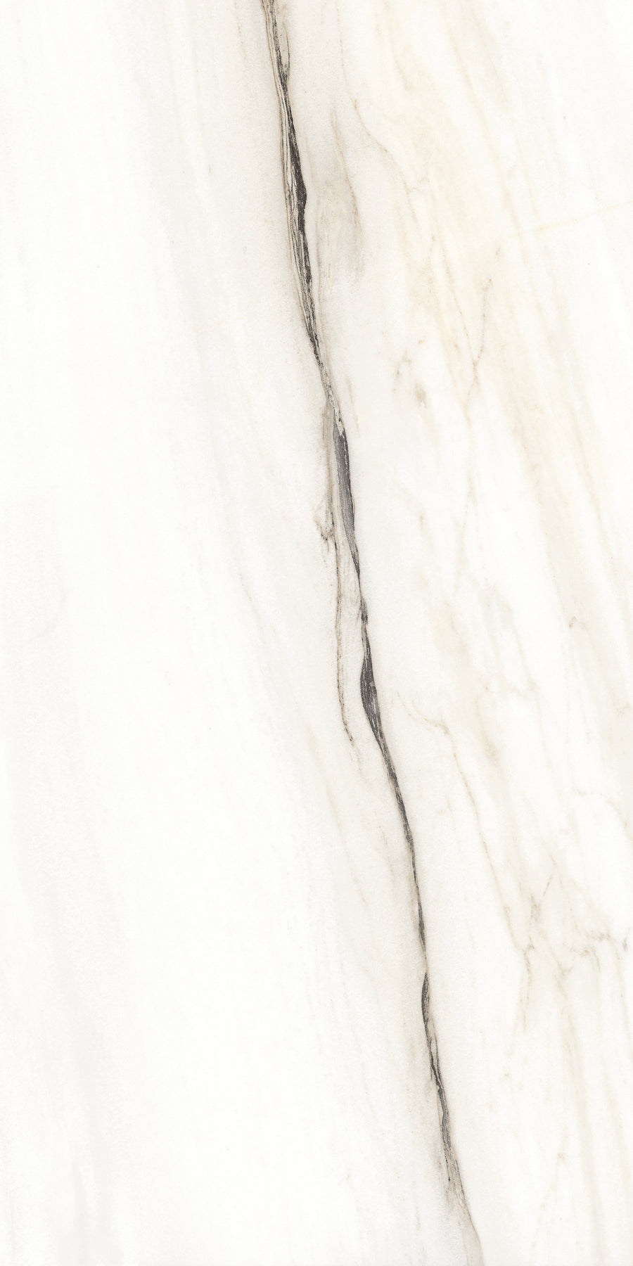 White marble surface with subtle grey and beige veining, featuring a prominent dark grey crack running diagonally from top to bottom. The texture appears smooth and polished.