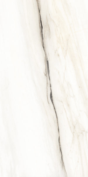 White marble surface with subtle grey and beige veining, featuring a prominent dark grey crack running diagonally from top to bottom. The texture appears smooth and polished.