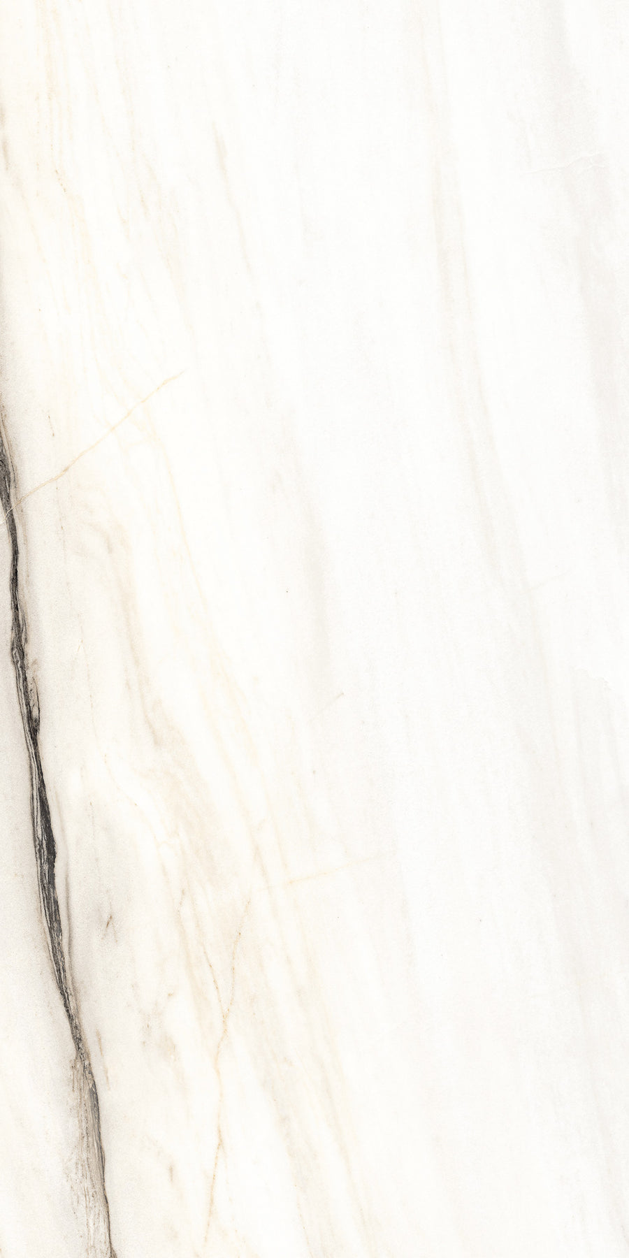 Close-up of a white marble surface with subtle beige and grey veining, featuring a prominent dark vein on the left side. The texture is smooth and polished, giving a natural and elegant appearance.