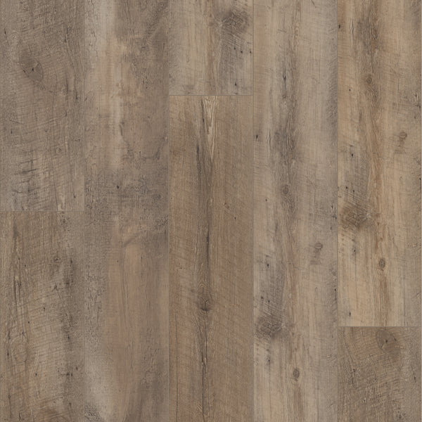 Close-up view of Coretec Plus Enhanced Vinyl flooring, showcasing rustic wooden planks with weathered texture, visible wood grain, and natural knots in varied brown and tan shades—durable, waterproof luxury vinyl.