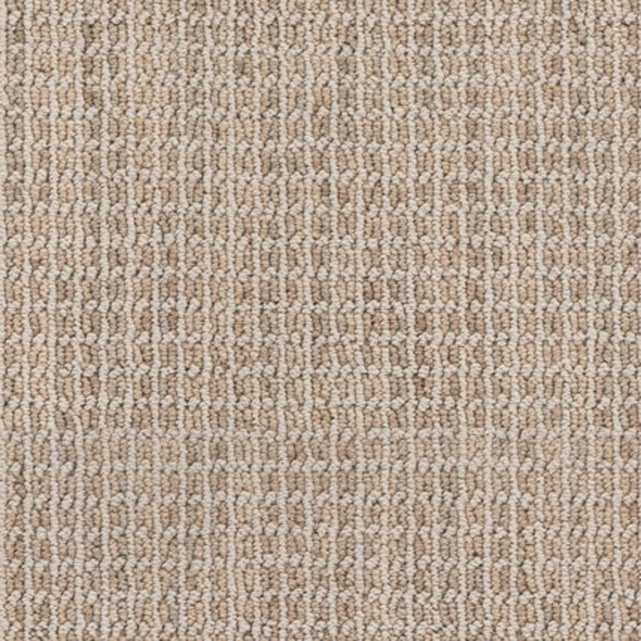 Close-up of Haven Berber Carpet in Natural color, featuring a soft, woven texture with a raised rectangular pattern in neutral beige and light brown tones. Durable design is perfect for high-traffic areas.