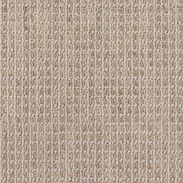 Close-up of Haven Berber Carpet in Natural color, featuring a soft, woven texture with a raised rectangular pattern in neutral beige and light brown tones. Durable design is perfect for high-traffic areas.
