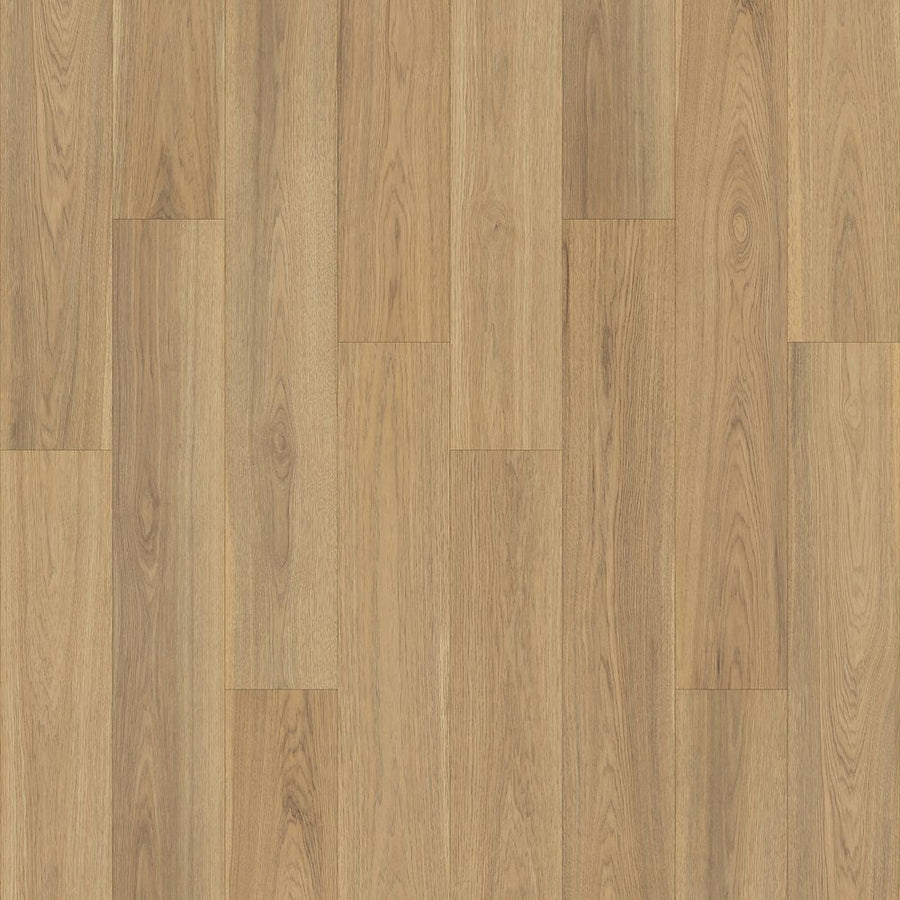 A close-up of Kallan Point 7 1/2" Waterproof Laminate in Natural Hickory shows rectangular planks with a natural grain pattern, arranged in a staggered layout for a premium flooring look.