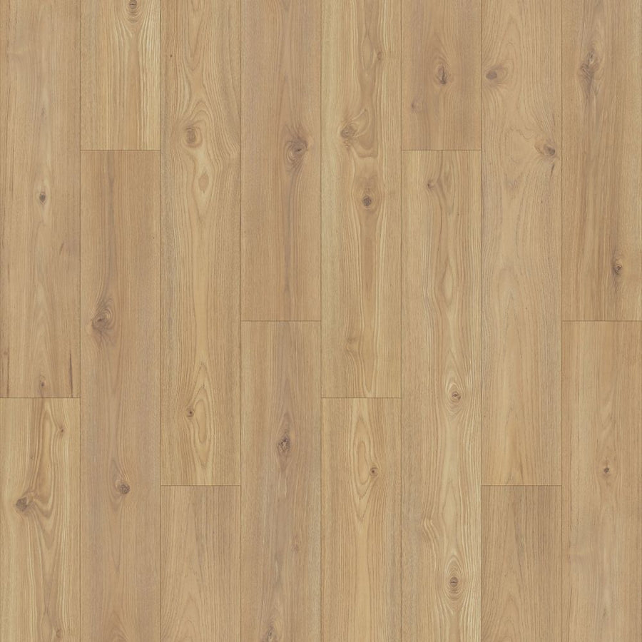 Freywood Springs 8 11/32" Waterproof Laminate in Natural Hickory features a natural grain and knot pattern, staggered plank design, smooth finish, and moisture resistance for lasting durability and a warm, natural look.