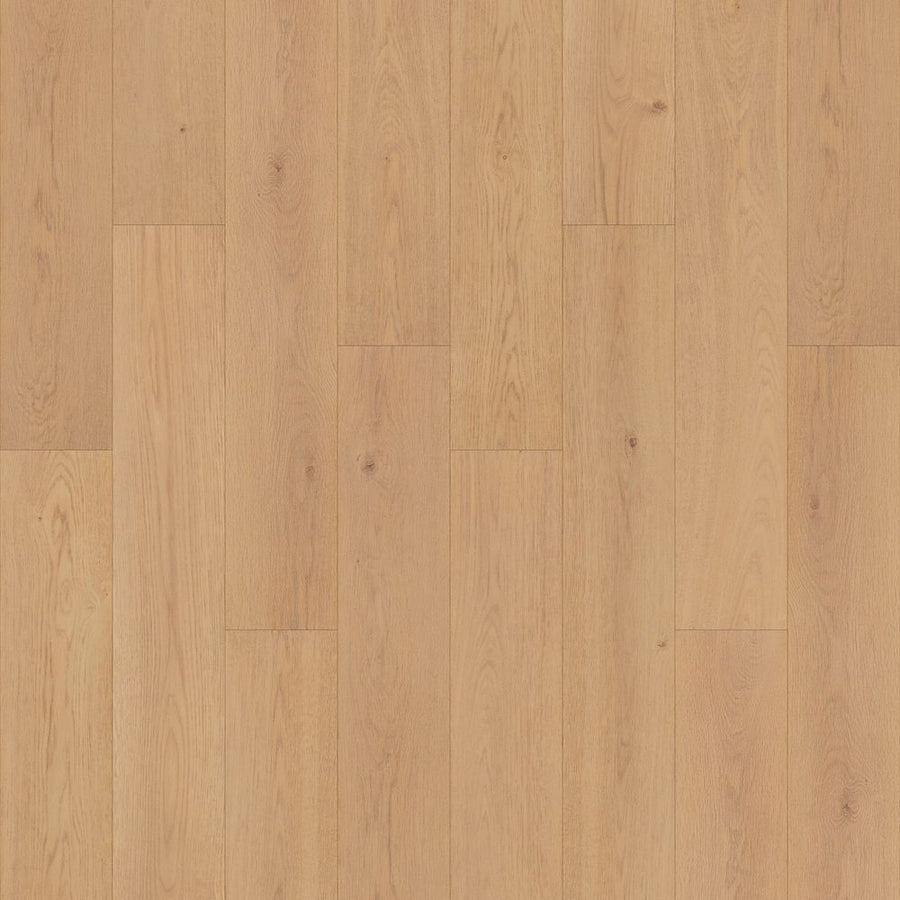 Woodlette Estates 7 1/2" Waterproof Laminate in Natural Oak features a durable, light brown finish with natural grain and subtle color variation. Planks install in a staggered pattern for a warm, clean wood look plus added resilience.