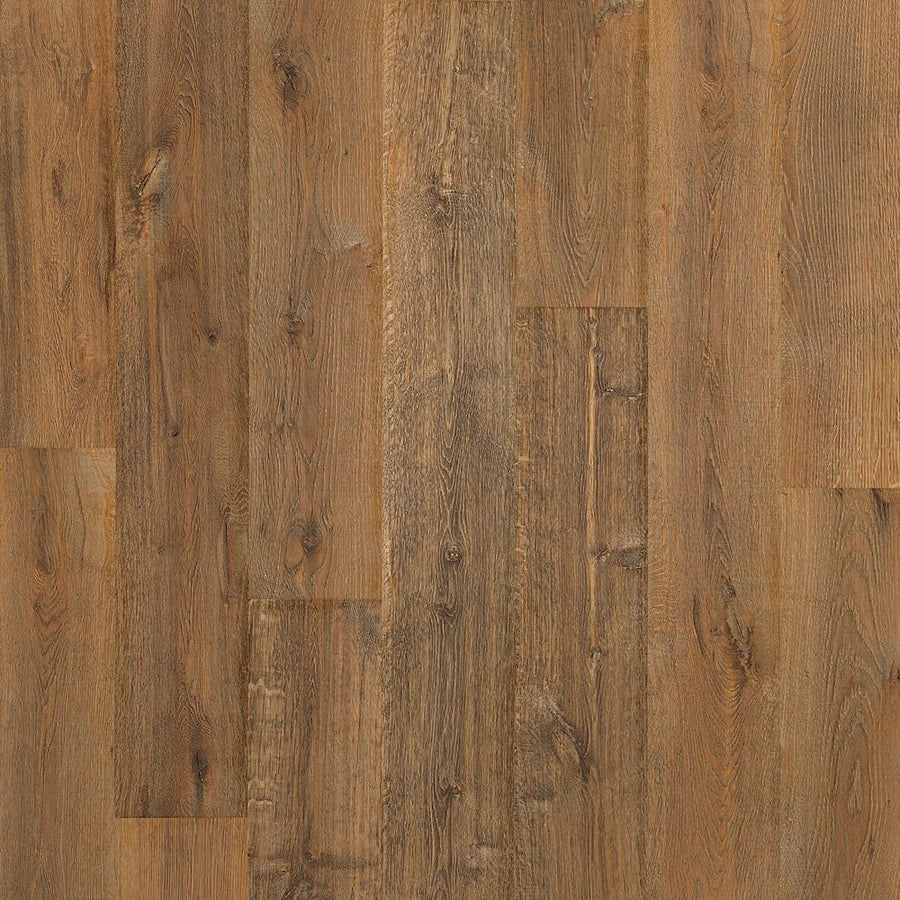 A close-up view of Ellenwood 7.5" Vinyl Plank flooring shows warm brown tones with natural grain patterns and knots, capturing the authentic wood-look design of this premium vinyl plank.