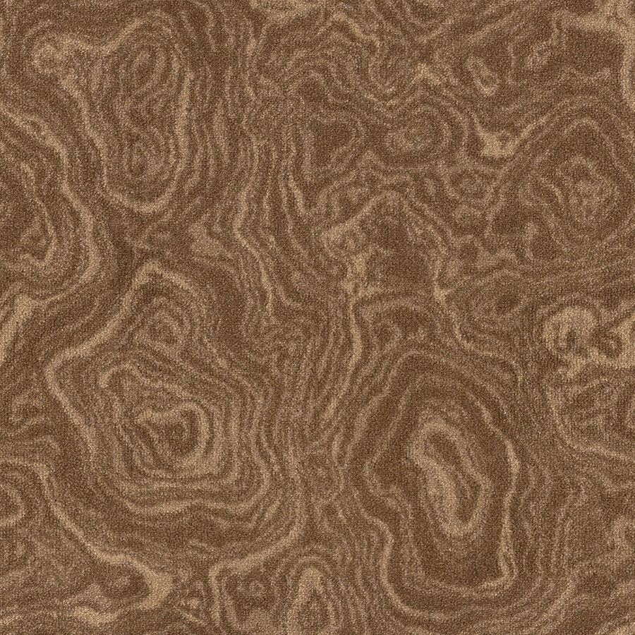 Close-up of Nature's Gem On Trend Carpet shows a brown wood grain texture with swirling, wavy patterns inspired by natural tree rings and knots for a contemporary carpet look.