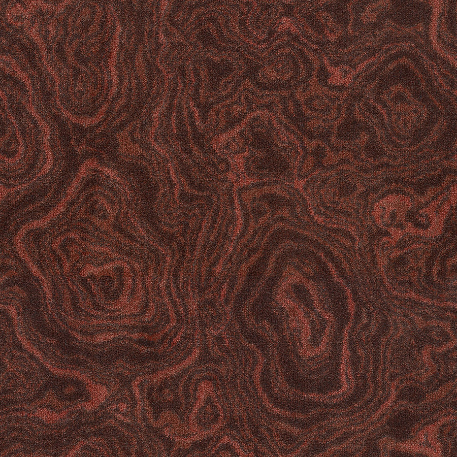 Nature's Gem On Trend Carpet features a swirling abstract pattern in reddish-brown tones, resembling polished wood grain or stone with organic, layered textures—perfect for stylish, lasting carpet designs.