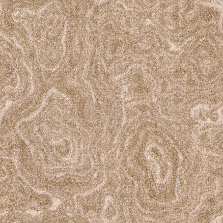 Nature's Gem On Trend Carpet features a textured surface with swirling, wavy patterns in light and dark beige, giving the look of wood grain or layered stone while providing the durability of carpet.