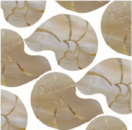 The Navetor Polished Marble Mosaic Tile features a seamless pattern of stylized beige and gold nautilus shells on white, giving a pearlescent, marble-like shine for a luxurious coastal vibe.