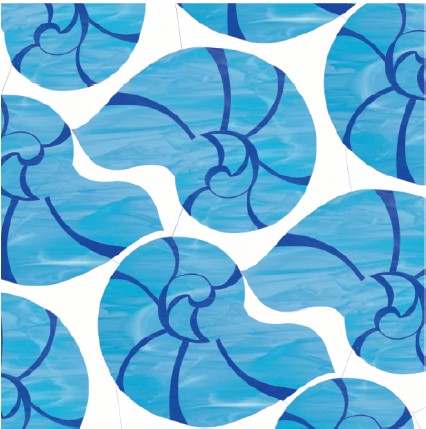 The Navetor Polished Marble Mosaic Tile features a seamless pattern of blue nautilus shells with dark blue outlines on white, offering a coastal, watercolor look that’s ideal for creating a luxurious, marble-inspired space.