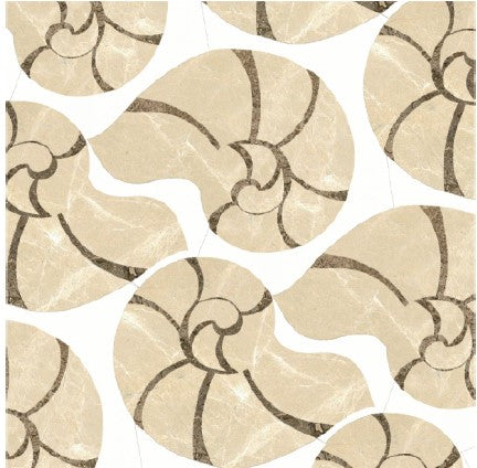 The Navetor Polished Marble Mosaic Tile features a repeating pattern of beige nautilus shell designs with dark lines on white, creating a seamless, coastal-inspired look perfect for adding organic style to any space.