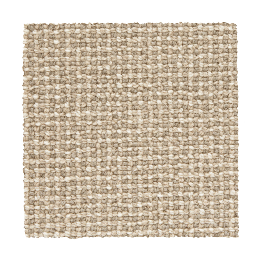A square swatch of Needlepoint III Berber Carpet in Mushroom, featuring textured beige woven fabric with a tight grid pattern—durable for high-traffic areas and inspired by classic Berber carpet styles.