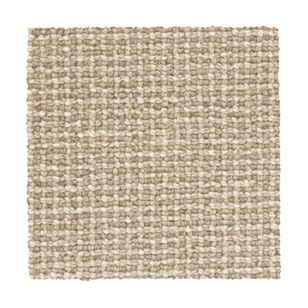 A square swatch of Needlepoint III Berber Carpet in Mushroom, featuring textured beige woven fabric with a tight grid pattern—durable for high-traffic areas and inspired by classic Berber carpet styles.