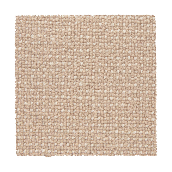 A square swatch of Needlepoint III Berber Carpet in Chamois shows its beige, looped pile texture against a white background. Tightly packed, even loops give it a soft, uniform look that's ideal for high-traffic areas.