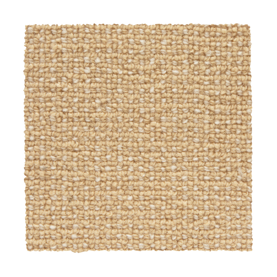 A square sample of Needlepoint III Berber Carpet in Beeswax, featuring a textured looped pile ideal for high-traffic areas, is displayed against a white background.