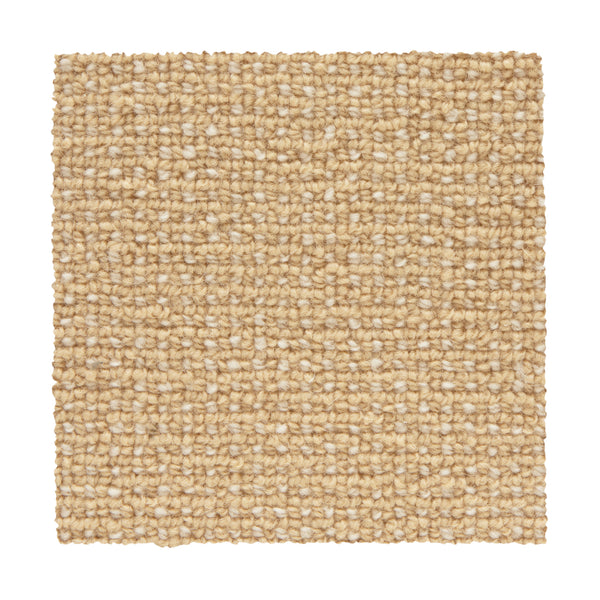 A square sample of Needlepoint III Berber Carpet in Beeswax, featuring a textured looped pile ideal for high-traffic areas, is displayed against a white background.