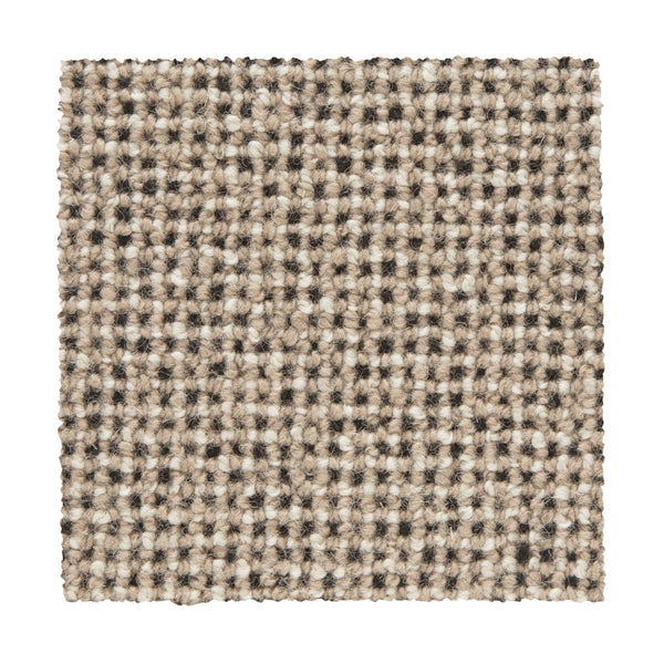 A square sample of Needlepoint III Berber Carpet in the color Ground, featuring a checkered beige, brown, and cream pattern with a looped texture ideal for high-traffic spaces.