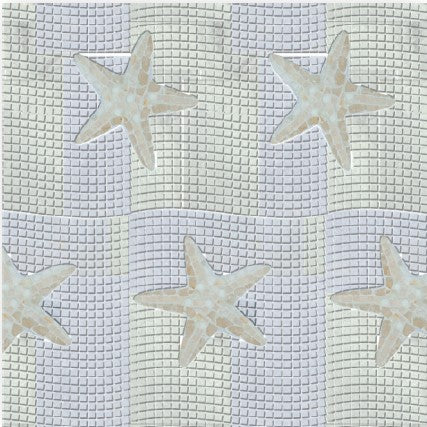 The Noah Polished Marble Mosaic Tile features a repeating pattern of beige starfish on a textured, wavy light blue and white background, evoking the beauty of coastal marble mosaic tile.
