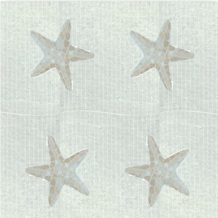 A light gray textured background features a simple grid of four pale starfish, each with five arms and a subtle Noah Polished Marble Mosaic Tile design, evoking a refined coastal tile aesthetic.