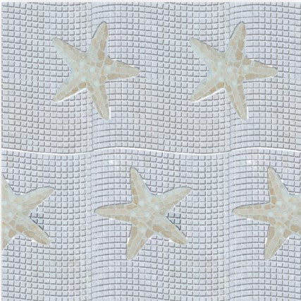 The Noah Polished Marble Mosaic Tile features a textured pattern of beige starfish set on small, light gray marble tiles arranged in a grid, creating a charming coastal look with evenly spaced, multi-oriented starfish.