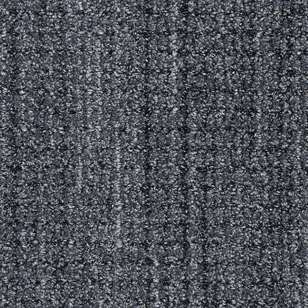 Close-up of Aspen Berber Carpet in Nocturne shows a soft, dense, and durable textured looped surface with subtle vertical lines in varying gray shades.