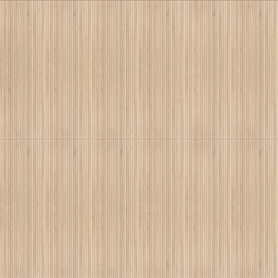 The New Grooves 16x48 Glazed Ceramic Tile features a light wood look with vertical grain, subtle seams dividing it into four sections, and a fluted design for a clean, minimalistic, and contemporary style.