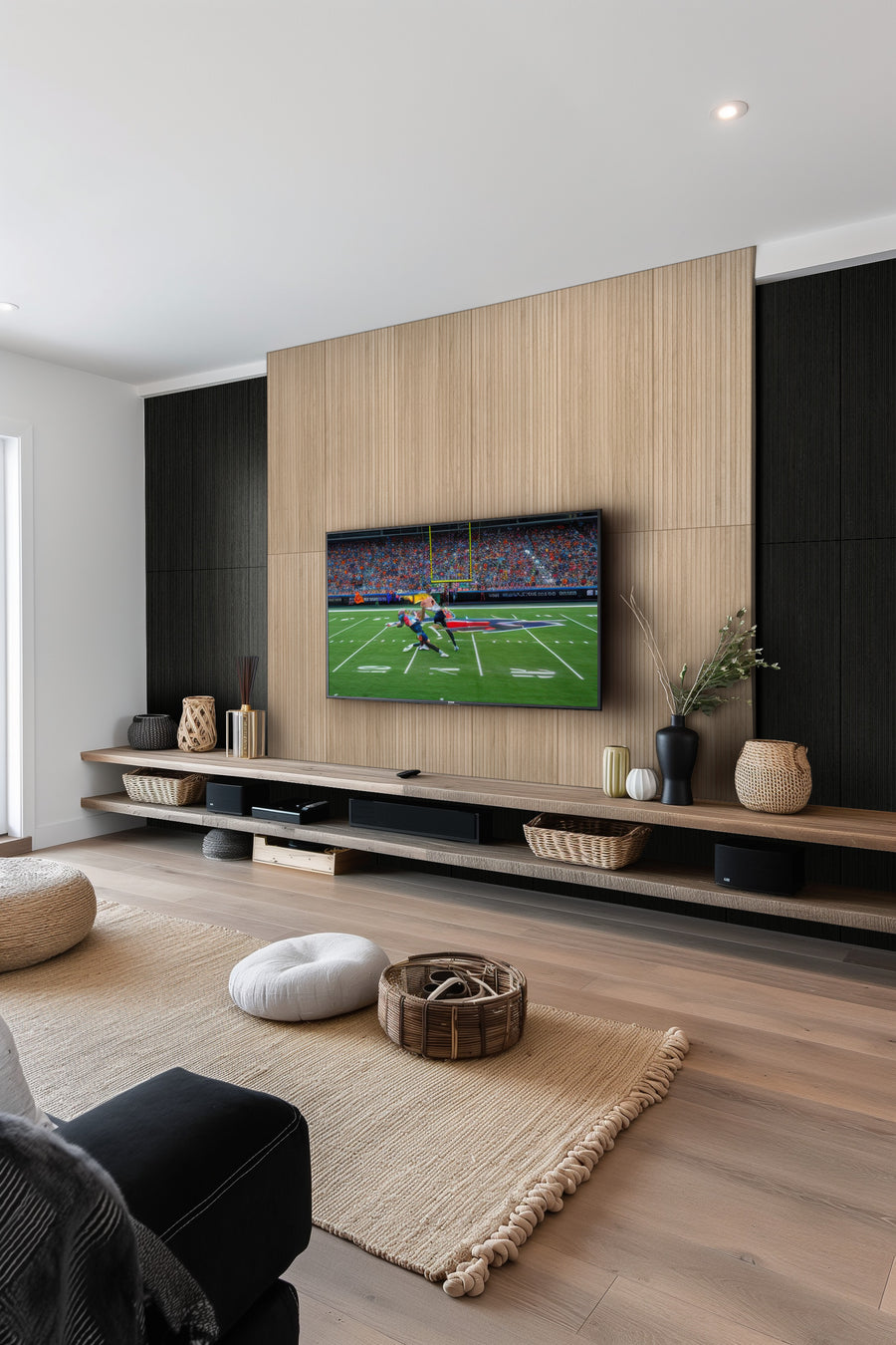 A modern living room with light wood floors, a large rug, and a sleek entertainment center. A flat-screen TV on the wall displays a football game. Decorative vases, baskets, and poufs complement the minimalist decor.