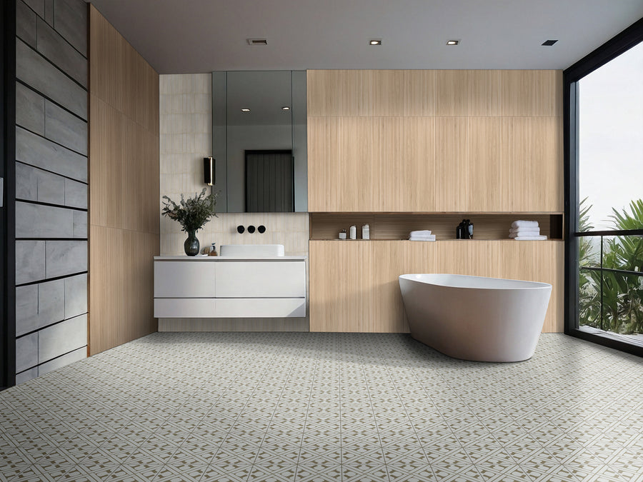 Modern bathroom with wood paneling, a large mirror, floating white vanity, vessel sink, freestanding bathtub, patterned tile floor, and large window with a view of greenery outside.