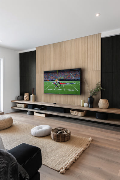 A modern living room with light wood floors, a large rug, and a sleek entertainment center. A flat-screen TV on the wall displays a football game. Decorative vases, baskets, and poufs complement the minimalist decor.