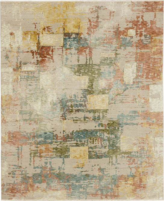 The Momento Nostalgic Area Rug by Karastan Rugs showcases a distressed, painterly design in muted yellow, green, blue, and beige tones for a soft, modern textured look.