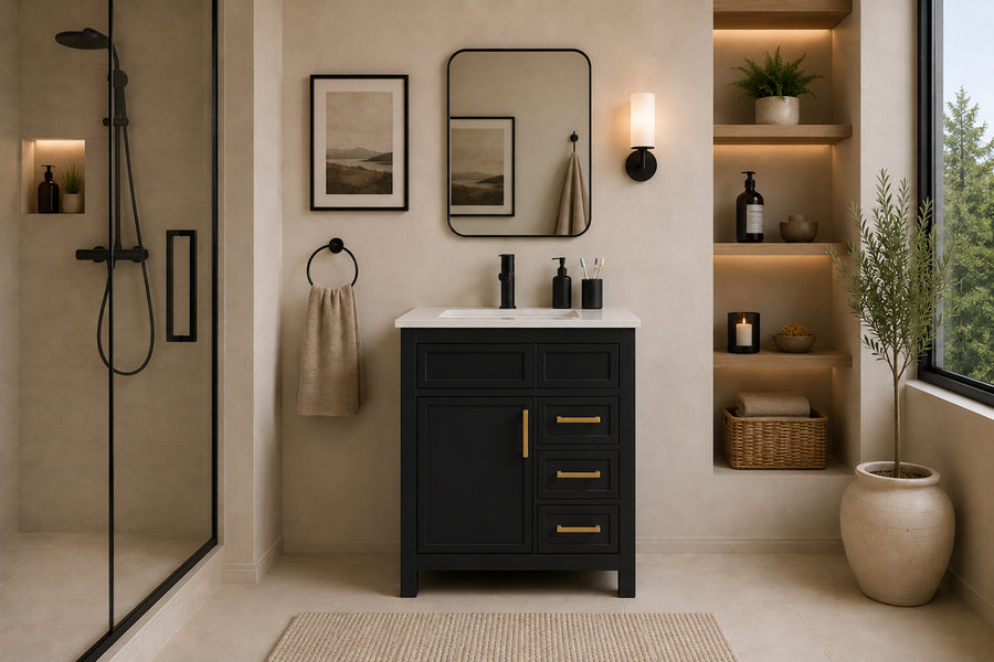 Modern bathroom featuring the Novello 30" Vanity in black with gold hardware, complemented by two framed art pieces, a square mirror, a wall sconce, open shelves with decor items, a walk-in shower, large window, and a potted floor plant.