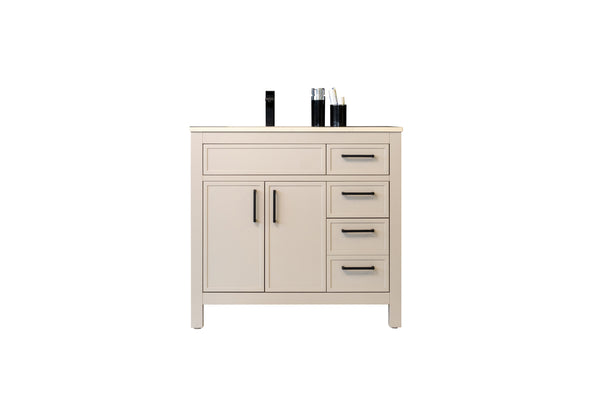 A beige bathroom vanity with two cabinet doors, four drawers on the right, and black handles. On top are a black dispenser, a black cup, and two toothbrush holders against a white background.