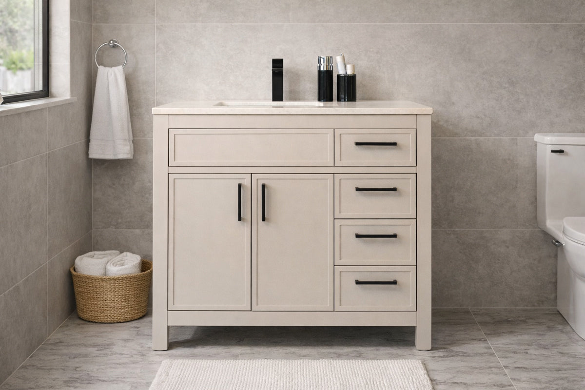 
		                            A modern bathroom features the Novello 36" Vanity with a light finish, black handles, four drawers, and a sink. Toiletries rest on the countertop. Nearby are a towel ring with a white towel, a toilet, towel basket, and white bath mat.
		                            
