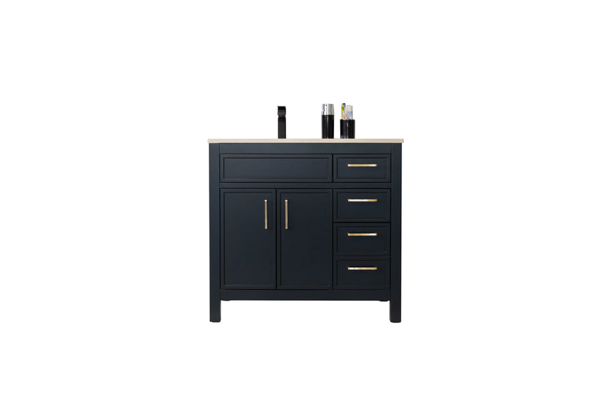 A navy blue bathroom vanity with gold handles, a beige countertop, a faucet, and three bottles placed on top. The vanity has two cabinet doors and four drawers, set against a plain white background.