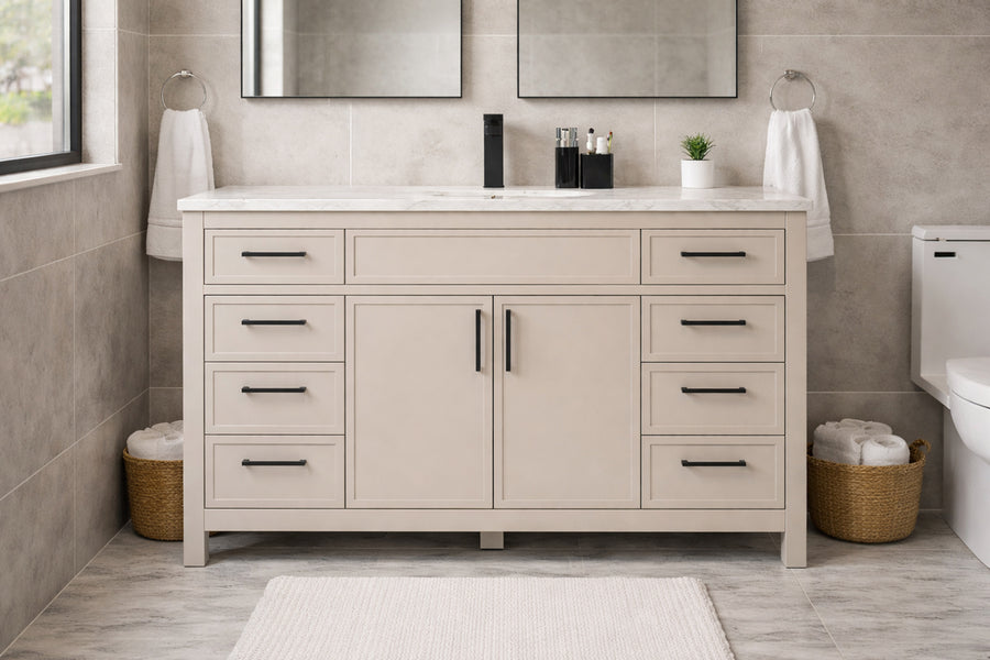 A modern bathroom features the Novello 48" Vanity in light beige with double sinks, black fixtures, two mirrors, towel rings with towels, wicker baskets on each side, and a white bath mat on the tiled floor.