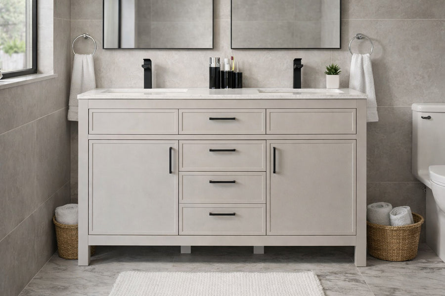 Modern bathroom featuring the Novello 60" Double Bowl Vanity with black faucets, twin mirrors, towels on rings, toiletries, a potted plant, woven baskets with towels below, and a toilet on the right—all in neutral tones with a clean design.