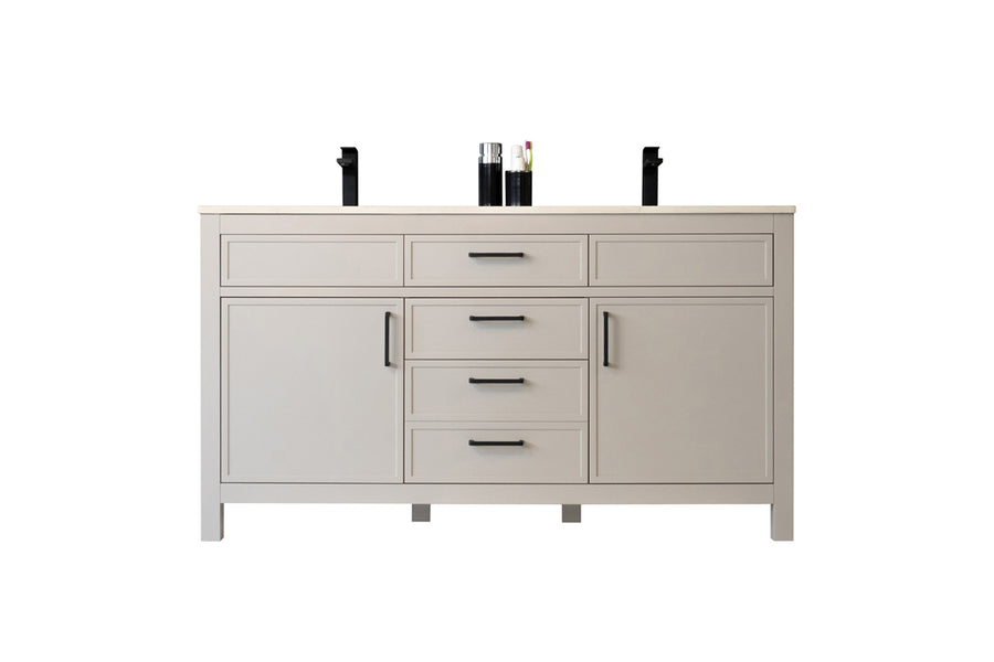 A modern light gray bathroom vanity with two sinks, black faucets, three drawers in the center, and two cabinets on either side. There are toiletries placed between the sinks on the countertop.
