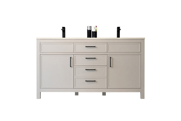 A modern light gray bathroom vanity with two sinks, black faucets, three drawers in the center, and two cabinets on either side. There are toiletries placed between the sinks on the countertop.