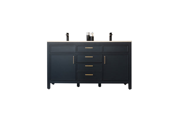A modern black double-sink bathroom vanity with gold handles, four central drawers, two cabinets on each side, and a beige countertop. Two black faucets and soap dispensers are on top.