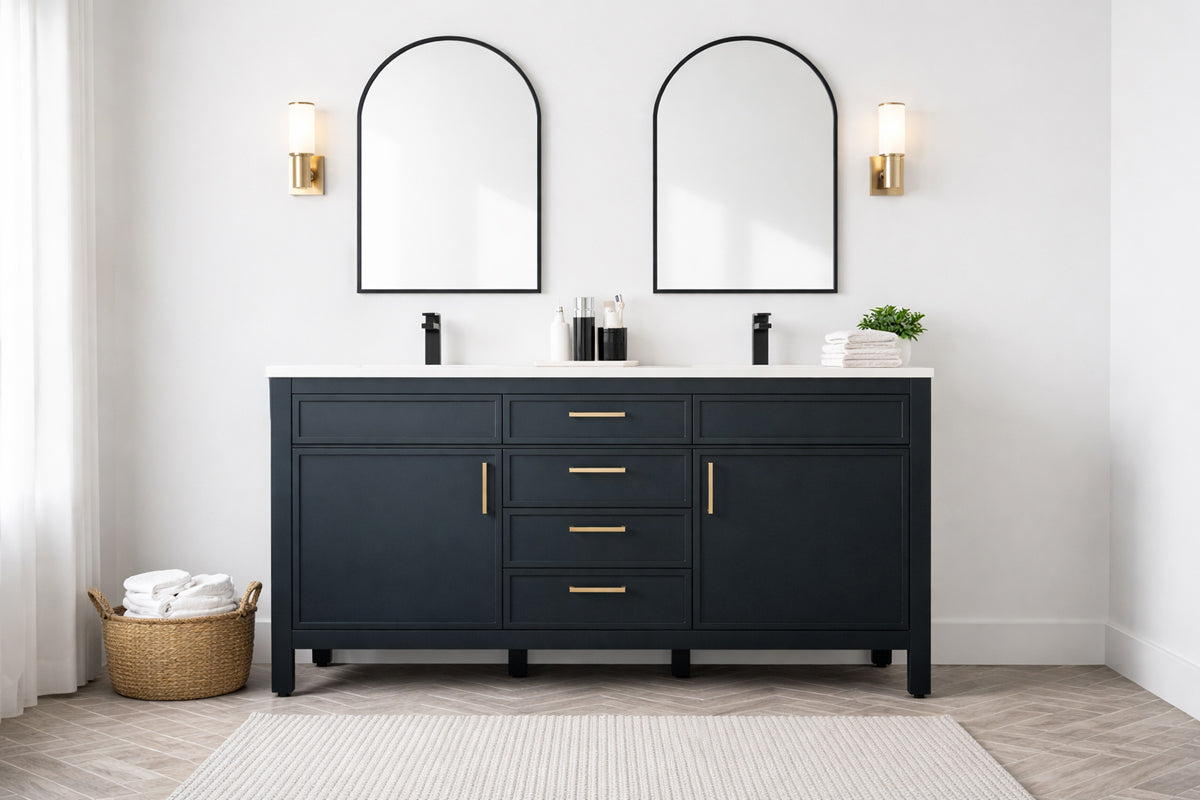 
		                            A modern bathroom features the Novello 60" Double Bowl Vanity in dark blue with gold hardware, two arched mirrors, wall sconces, a woven basket, and neatly folded towels on its white countertop against a white wall.
		                            