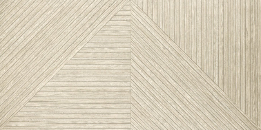 The a.CUTE 24x48 Matte Glazed Porcelain Tile features a beige geometric pattern with intersecting lines forming triangles, creating a textured, minimalist abstract design—ideal for modern spaces.