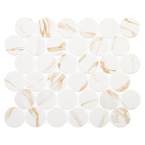 The Orbesque Round Glass Mosaic Tile in Goladin features round white tiles with beige and gold marble veining, set in an orbital pattern on mesh backing for striking geometry and visual appeal.