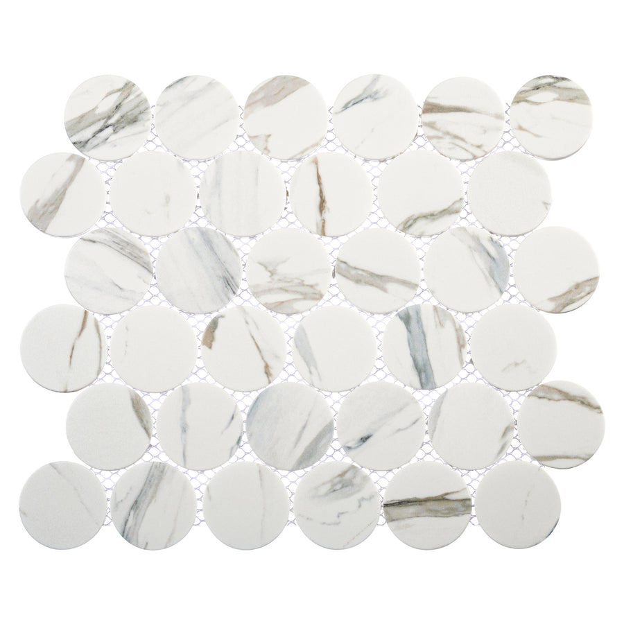 A sheet of Orbesque Round Glass Mosaic Tile in Silaven features round tiles in an orbital pattern with white mesh backing, offering a stylish geometric look.