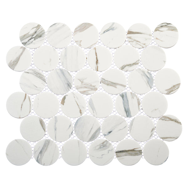 A sheet of Orbesque Round Glass Mosaic Tile in Silaven features round tiles in an orbital pattern with white mesh backing, offering a stylish geometric look.