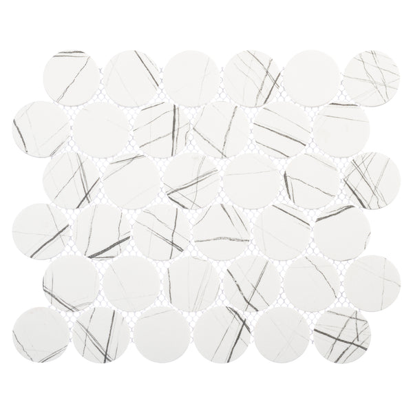 The Orbesque Round Glass Mosaic Tile in Twiggens features circular white tiles with subtle gray veining, arranged in an orbital pattern and connected by a mesh backing.